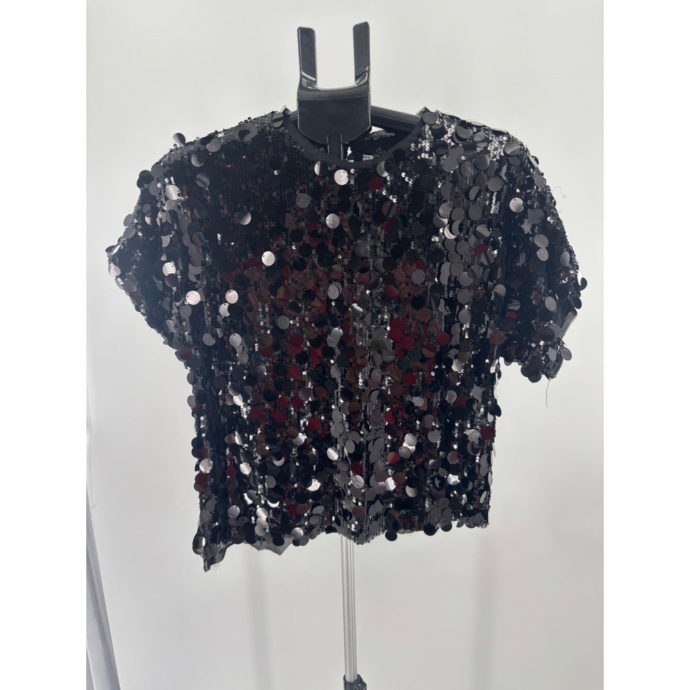 Glam Starlit Black Large Sequin Short Sleeve Cropped Party Top Women Size Small